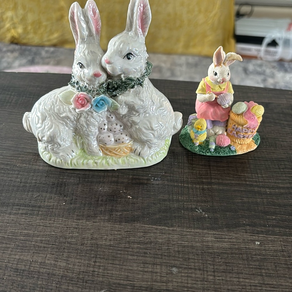 Ceramic Easter figurines. 4.5”, 3” white bunnies glossy finish other soft brown